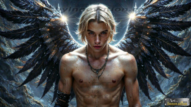 A Dark Angel with huge vibrate feathered wings, enormous and shimmering. Here is a raw, untamed energy that emanates from him. His presence is electrifying, drawing viewers in with his captivating gaze and formidable presence.