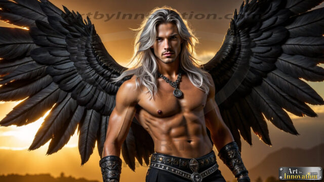 A Dark Angel with huge vibrate feathered wings, enormous and shimmering. Here is a raw, untamed energy that emanates from him. His presence is electrifying, drawing viewers in with his captivating gaze and formidable presence.