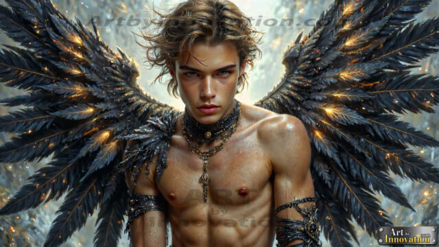 A Dark Angel with huge vibrate feathered wings, enormous and shimmering. Here is a raw, untamed energy that emanates from him. His presence is electrifying, drawing viewers in with his captivating gaze and formidable presence.