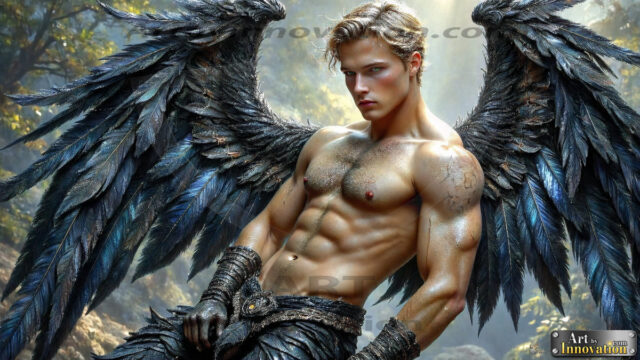 A Dark Angel with huge vibrate feathered wings, enormous and shimmering. Here is a raw, untamed energy that emanates from him. His presence is electrifying, drawing viewers in with his captivating gaze and formidable presence.