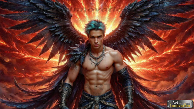A Dark Angel with huge vibrate feathered wings, enormous and shimmering. Here is a raw, untamed energy that emanates from him. His presence is electrifying, drawing viewers in with his captivating gaze and formidable presence.
