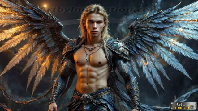 A Dark Angel with huge vibrate feathered wings, enormous and shimmering. Here is a raw, untamed energy that emanates from him. His presence is electrifying, drawing viewers in with his captivating gaze and formidable presence.