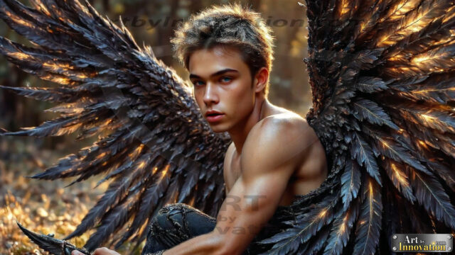 A Dark Angel with huge vibrate feathered wings, enormous and shimmering. Here is a raw, untamed energy that emanates from him. His presence is electrifying, drawing viewers in with his captivating gaze and formidable presence.
