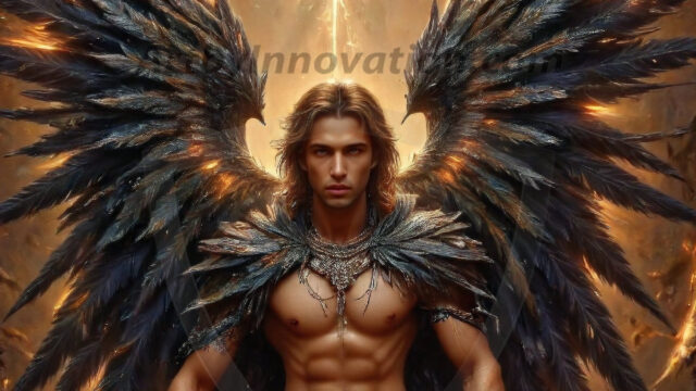 A Dark Angel with huge vibrate feathered wings, enormous and shimmering. Here is a raw, untamed energy that emanates from him. His presence is electrifying, drawing viewers in with his captivating gaze and formidable presence.