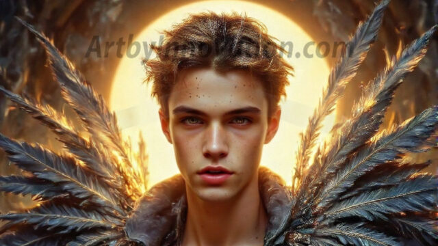 A Dark Angel with huge vibrate feathered wings, enormous and shimmering. Here is a raw, untamed energy that emanates from him. His presence is electrifying, drawing viewers in with his captivating gaze and formidable presence.