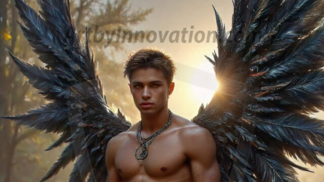 A Dark Angel with huge vibrate feathered wings, enormous and shimmering. Here is a raw, untamed energy that emanates from him. His presence is electrifying, drawing viewers in with his captivating gaze and formidable presence.