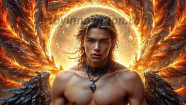 A Dark Angel with huge vibrate feathered wings, enormous and shimmering. Here is a raw, untamed energy that emanates from him. His presence is electrifying, drawing viewers in with his captivating gaze and formidable presence.