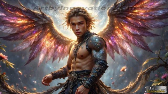 A Dark Angel with huge vibrate feathered wings, enormous and shimmering. Here is a raw, untamed energy that emanates from him. His presence is electrifying, drawing viewers in with his captivating gaze and formidable presence.