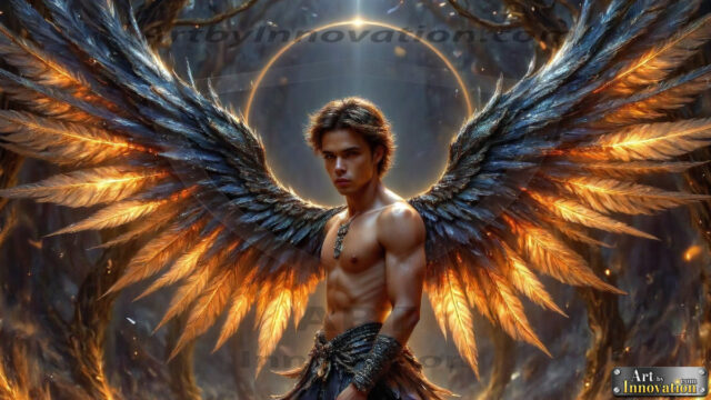 A Dark Angel with huge vibrate feathered wings, enormous and shimmering. Here is a raw, untamed energy that emanates from him. His presence is electrifying, drawing viewers in with his captivating gaze and formidable presence.