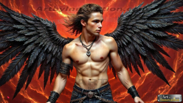 A Dark Angel with huge vibrate feathered wings, enormous and shimmering. Here is a raw, untamed energy that emanates from him. His presence is electrifying, drawing viewers in with his captivating gaze and formidable presence.