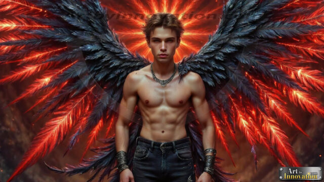 A Dark Angel with huge vibrate feathered wings, enormous and shimmering. Here is a raw, untamed energy that emanates from him. His presence is electrifying, drawing viewers in with his captivating gaze and formidable presence.