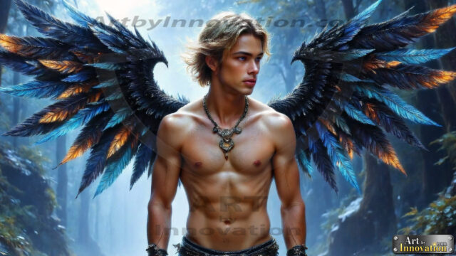 A Dark Angel with huge vibrate feathered wings, enormous and shimmering. Here is a raw, untamed energy that emanates from him. His presence is electrifying, drawing viewers in with his captivating gaze and formidable presence.
