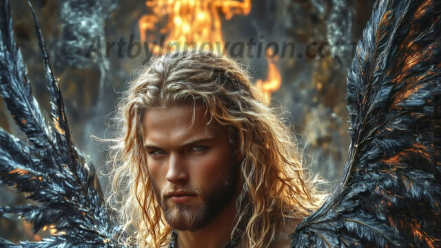 A Dark Angel with huge vibrate feathered wings, enormous and shimmering. Here is a raw, untamed energy that emanates from him. His presence is electrifying, drawing viewers in with his captivating gaze and formidable presence.