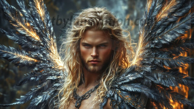 A Dark Angel with huge vibrate feathered wings, enormous and shimmering. Here is a raw, untamed energy that emanates from him. His presence is electrifying, drawing viewers in with his captivating gaze and formidable presence.