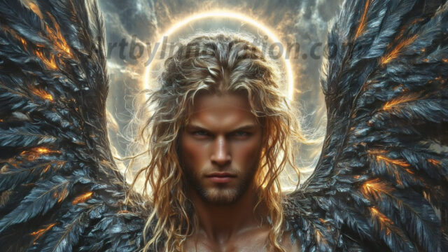 A Dark Angel with huge vibrate feathered wings, enormous and shimmering. Here is a raw, untamed energy that emanates from him. His presence is electrifying, drawing viewers in with his captivating gaze and formidable presence.