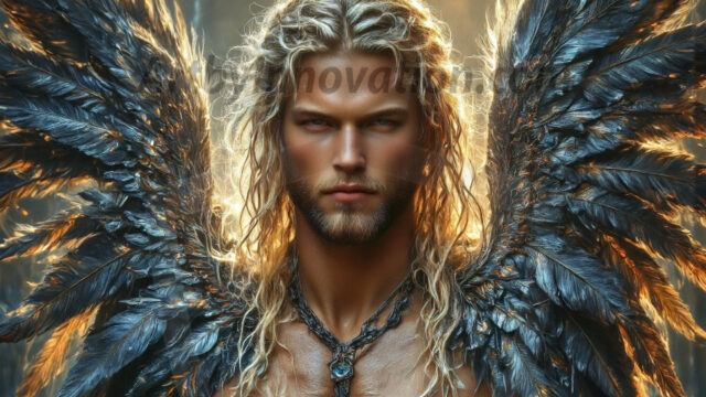 A Dark Angel with huge vibrate feathered wings, enormous and shimmering. Here is a raw, untamed energy that emanates from him. His presence is electrifying, drawing viewers in with his captivating gaze and formidable presence.