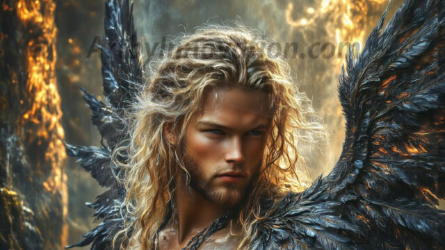 A Dark Angel with huge vibrate feathered wings, enormous and shimmering. Here is a raw, untamed energy that emanates from him. His presence is electrifying, drawing viewers in with his captivating gaze and formidable presence.