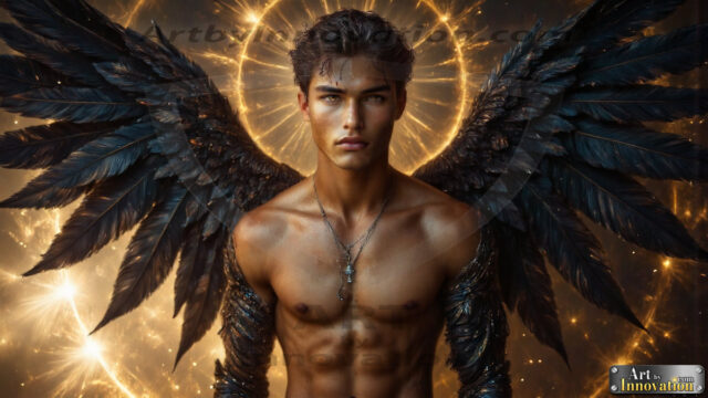 A Dark Angel with huge vibrate feathered wings, enormous and shimmering. Here is a raw, untamed energy that emanates from him. His presence is electrifying, drawing viewers in with his captivating gaze and formidable presence.