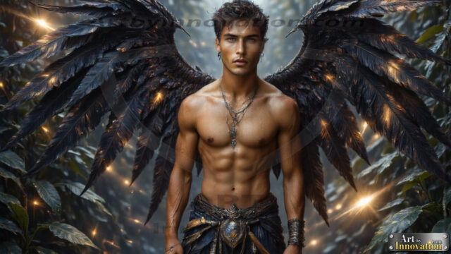 A Dark Angel with huge vibrate feathered wings, enormous and shimmering. Here is a raw, untamed energy that emanates from him. His presence is electrifying, drawing viewers in with his captivating gaze and formidable presence.