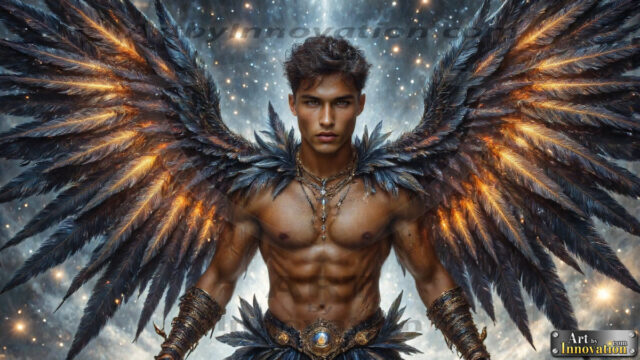 A Dark Angel with huge vibrate feathered wings, enormous and shimmering. Here is a raw, untamed energy that emanates from him. His presence is electrifying, drawing viewers in with his captivating gaze and formidable presence.