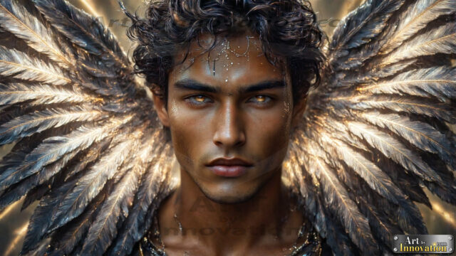 A Dark Angel with huge vibrate feathered wings, enormous and shimmering. Here is a raw, untamed energy that emanates from him. His presence is electrifying, drawing viewers in with his captivating gaze and formidable presence.
