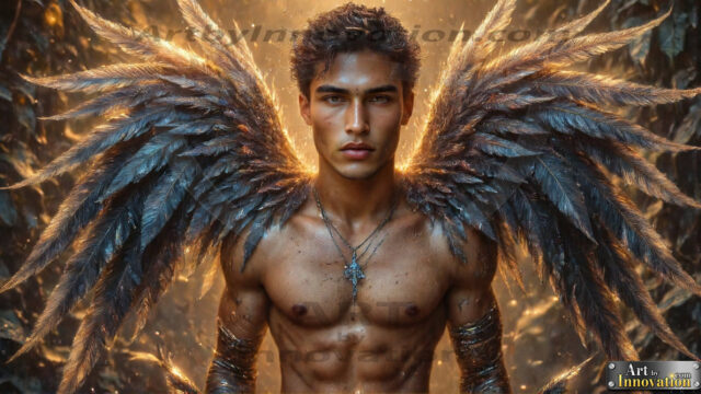 A Dark Angel with huge vibrate feathered wings, enormous and shimmering. Here is a raw, untamed energy that emanates from him. His presence is electrifying, drawing viewers in with his captivating gaze and formidable presence.
