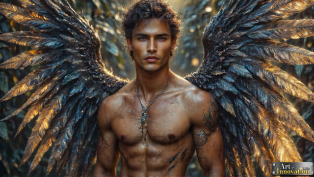 A Dark Angel with huge vibrate feathered wings, enormous and shimmering. Here is a raw, untamed energy that emanates from him. His presence is electrifying, drawing viewers in with his captivating gaze and formidable presence.