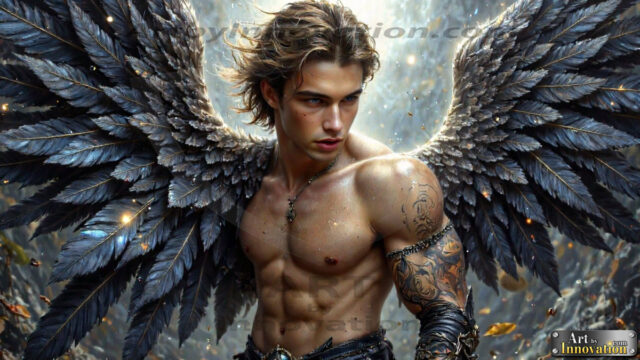 A Dark Angel with huge vibrate feathered wings, enormous and shimmering. Here is a raw, untamed energy that emanates from him. His presence is electrifying, drawing viewers in with his captivating gaze and formidable presence.