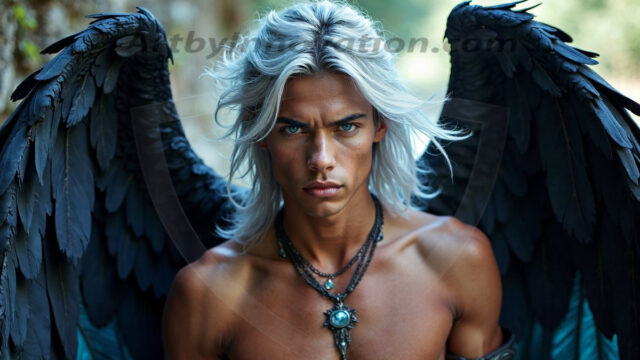 A Dark Angel with huge vibrate feathered wings, enormous and shimmering. Here is a raw, untamed energy that emanates from him. His presence is electrifying, drawing viewers in with his captivating gaze and formidable presence.