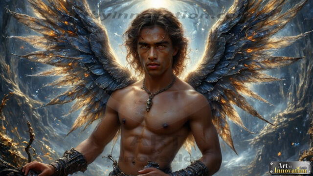 A Dark Angel with huge vibrate feathered wings, enormous and shimmering. Here is a raw, untamed energy that emanates from him. His presence is electrifying, drawing viewers in with his captivating gaze and formidable presence.