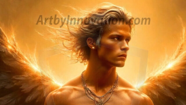 A Dark Angel with huge vibrate feathered wings, enormous and shimmering. Here is a raw, untamed energy that emanates from him. His presence is electrifying, drawing viewers in with his captivating gaze and formidable presence.