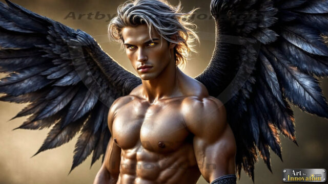 A Dark Angel with huge vibrate feathered wings, enormous and shimmering. Here is a raw, untamed energy that emanates from him. His presence is electrifying, drawing viewers in with his captivating gaze and formidable presence.
