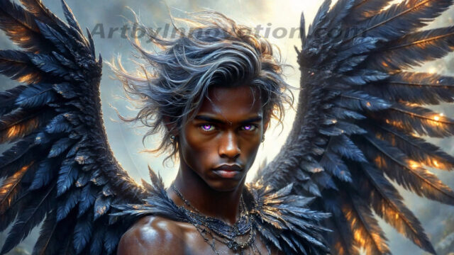 A Dark Angel with huge vibrate feathered wings, enormous and shimmering. Here is a raw, untamed energy that emanates from him. His presence is electrifying, drawing viewers in with his captivating gaze and formidable presence.