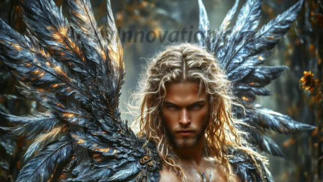 A Dark Angel with huge vibrate feathered wings, enormous and shimmering. Here is a raw, untamed energy that emanates from him. His presence is electrifying, drawing viewers in with his captivating gaze and formidable presence.