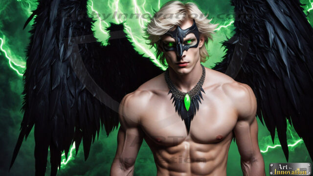 A Dark Angel with huge vibrate feathered wings, enormous and shimmering. Here is a raw, untamed energy that emanates from him. His presence is electrifying, drawing viewers in with his captivating gaze and formidable presence.