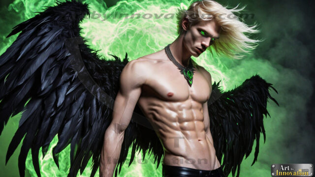 A Dark Angel with huge vibrate feathered wings, enormous and shimmering. Here is a raw, untamed energy that emanates from him. His presence is electrifying, drawing viewers in with his captivating gaze and formidable presence.