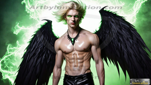 A Dark Angel with huge vibrate feathered wings, enormous and shimmering. Here is a raw, untamed energy that emanates from him. His presence is electrifying, drawing viewers in with his captivating gaze and formidable presence.