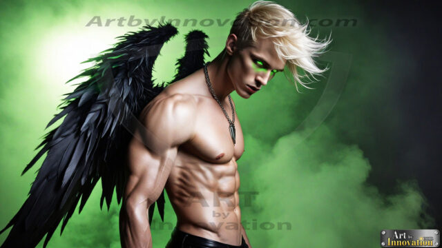 A Dark Angel with huge vibrate feathered wings, enormous and shimmering. Here is a raw, untamed energy that emanates from him. His presence is electrifying, drawing viewers in with his captivating gaze and formidable presence.