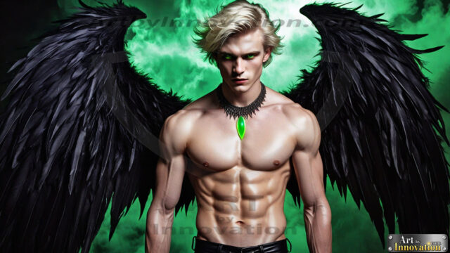 A Dark Angel with huge vibrate feathered wings, enormous and shimmering. Here is a raw, untamed energy that emanates from him. His presence is electrifying, drawing viewers in with his captivating gaze and formidable presence.
