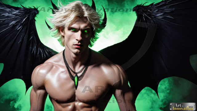 A Dark Angel with huge vibrate feathered wings, enormous and shimmering. Here is a raw, untamed energy that emanates from him. His presence is electrifying, drawing viewers in with his captivating gaze and formidable presence.