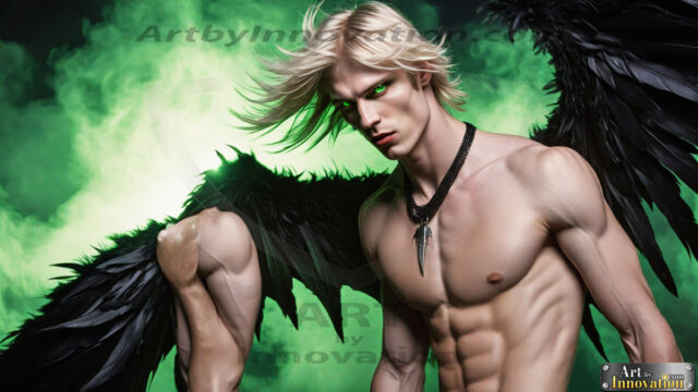 A Dark Angel with huge vibrate feathered wings, enormous and shimmering. Here is a raw, untamed energy that emanates from him. His presence is electrifying, drawing viewers in with his captivating gaze and formidable presence.