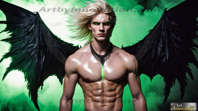 A Dark Angel with huge vibrate feathered wings, enormous and shimmering. Here is a raw, untamed energy that emanates from him. His presence is electrifying, drawing viewers in with his captivating gaze and formidable presence.