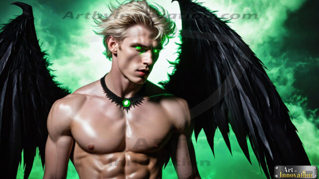 A Dark Angel with huge vibrate feathered wings, enormous and shimmering. Here is a raw, untamed energy that emanates from him. His presence is electrifying, drawing viewers in with his captivating gaze and formidable presence.