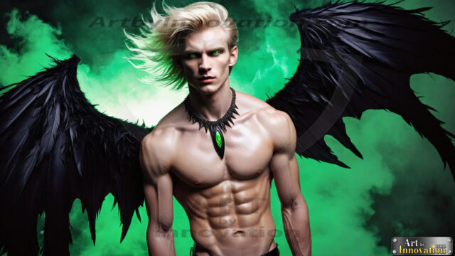 A Dark Angel with huge vibrate feathered wings, enormous and shimmering. Here is a raw, untamed energy that emanates from him. His presence is electrifying, drawing viewers in with his captivating gaze and formidable presence.