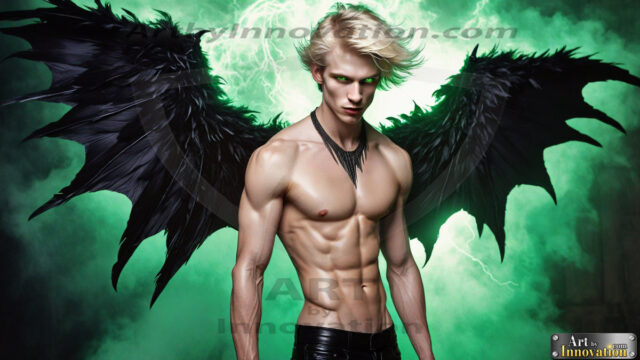 A Dark Angel with huge vibrate feathered wings, enormous and shimmering. Here is a raw, untamed energy that emanates from him. His presence is electrifying, drawing viewers in with his captivating gaze and formidable presence.