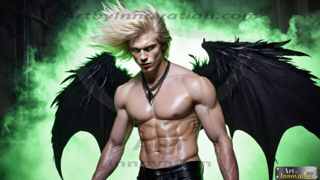 A Dark Angel with huge vibrate feathered wings, enormous and shimmering. Here is a raw, untamed energy that emanates from him. His presence is electrifying, drawing viewers in with his captivating gaze and formidable presence.