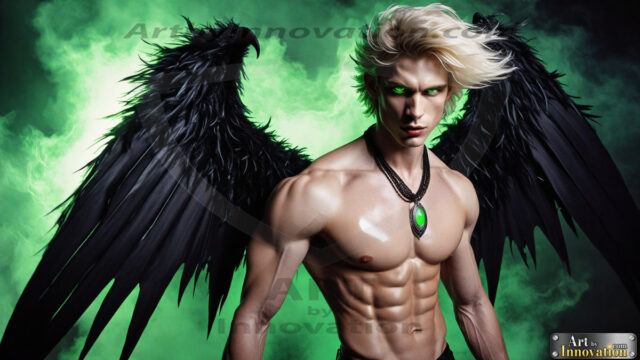A Dark Angel with huge vibrate feathered wings, enormous and shimmering. Here is a raw, untamed energy that emanates from him. His presence is electrifying, drawing viewers in with his captivating gaze and formidable presence.