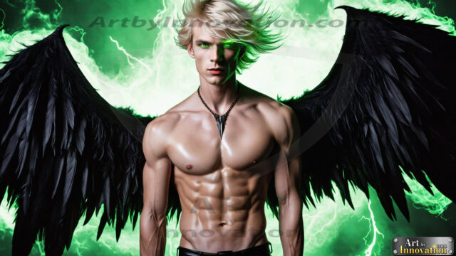 A Dark Angel with huge vibrate feathered wings, enormous and shimmering. Here is a raw, untamed energy that emanates from him. His presence is electrifying, drawing viewers in with his captivating gaze and formidable presence.