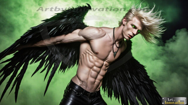 A Dark Angel with huge vibrate feathered wings, enormous and shimmering. Here is a raw, untamed energy that emanates from him. His presence is electrifying, drawing viewers in with his captivating gaze and formidable presence.