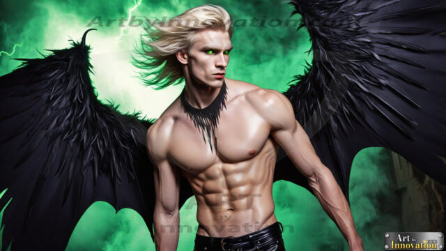 A Dark Angel with huge vibrate feathered wings, enormous and shimmering. Here is a raw, untamed energy that emanates from him. His presence is electrifying, drawing viewers in with his captivating gaze and formidable presence.